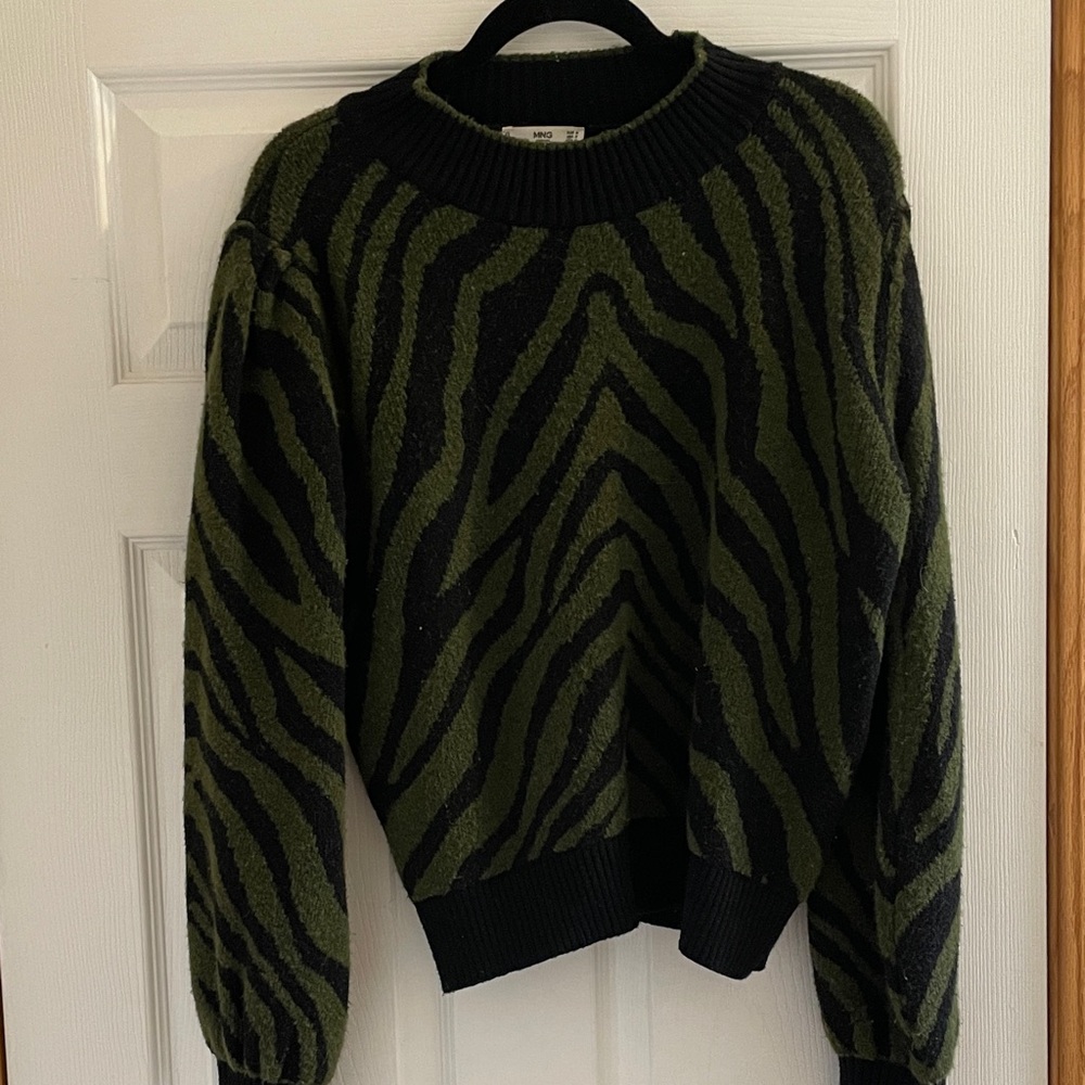 Olive Green and Black Zebra-Stripe Knit Sweater